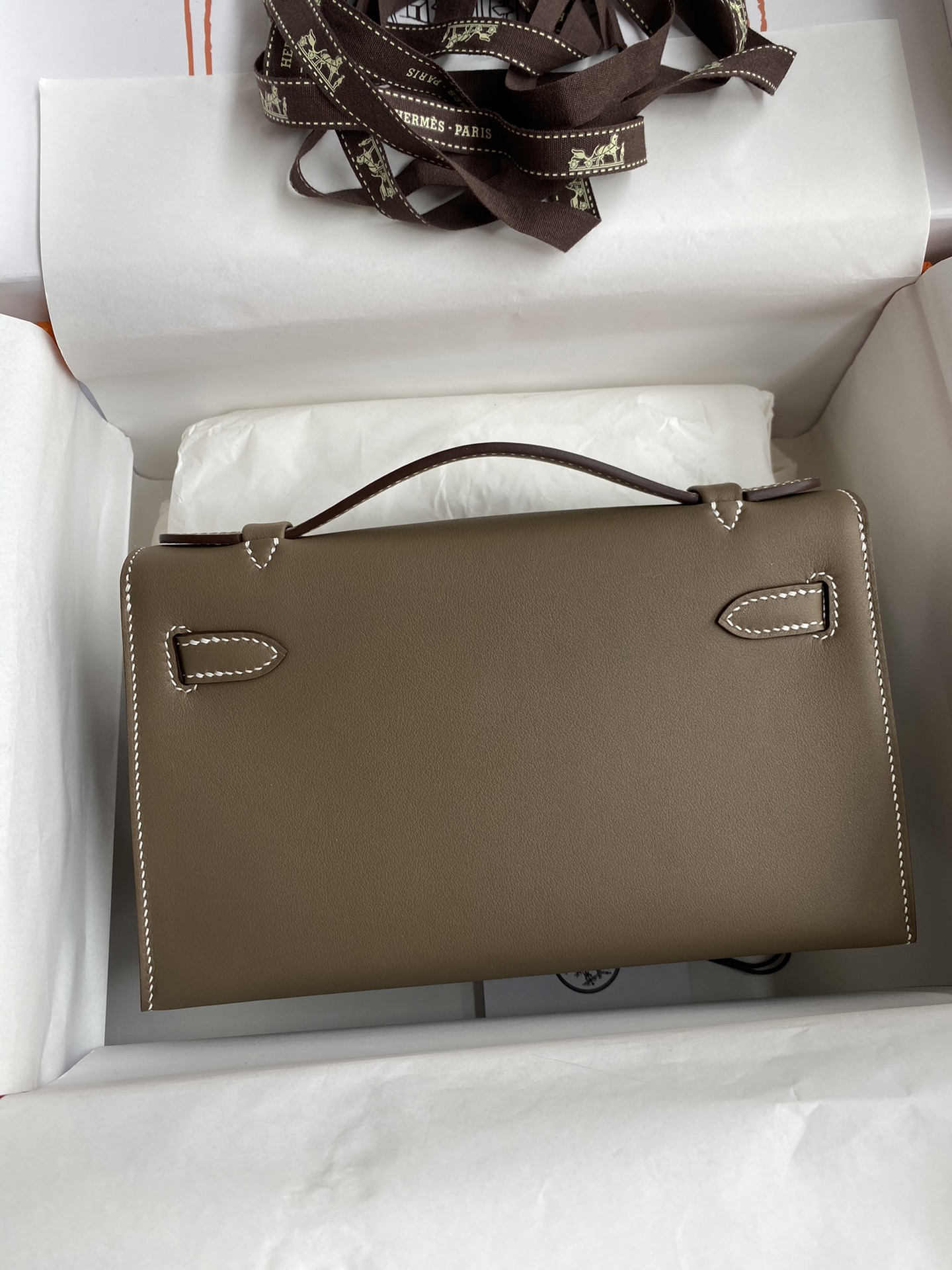 Hermes Mini Kelly Pochette 22cm Bag In Etoupe Swift Leather